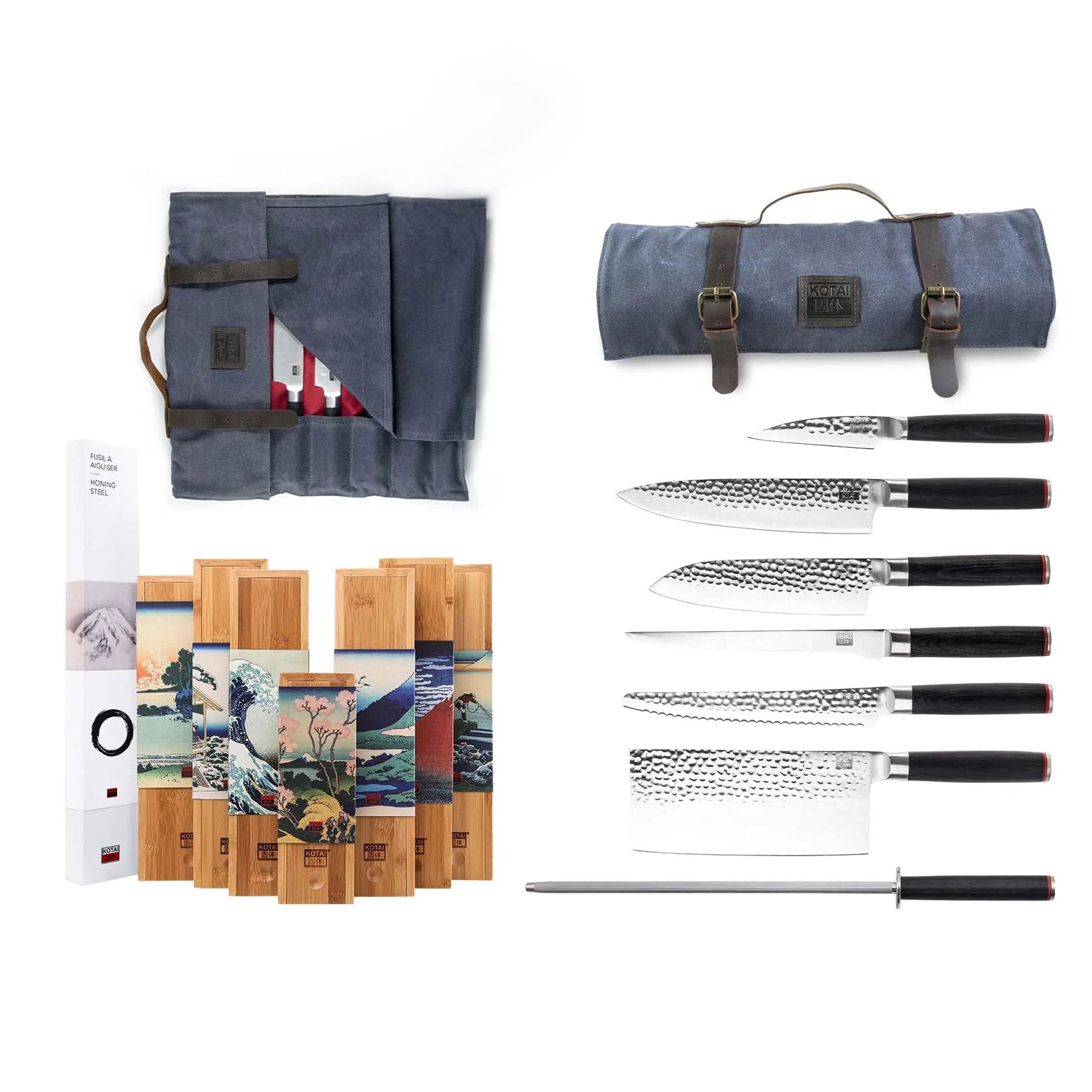 NOMAD KNIFE SET in BAG | Professional TRAVEL KNIFE SET |  6 knives, sharpening steel & bag | Kotai