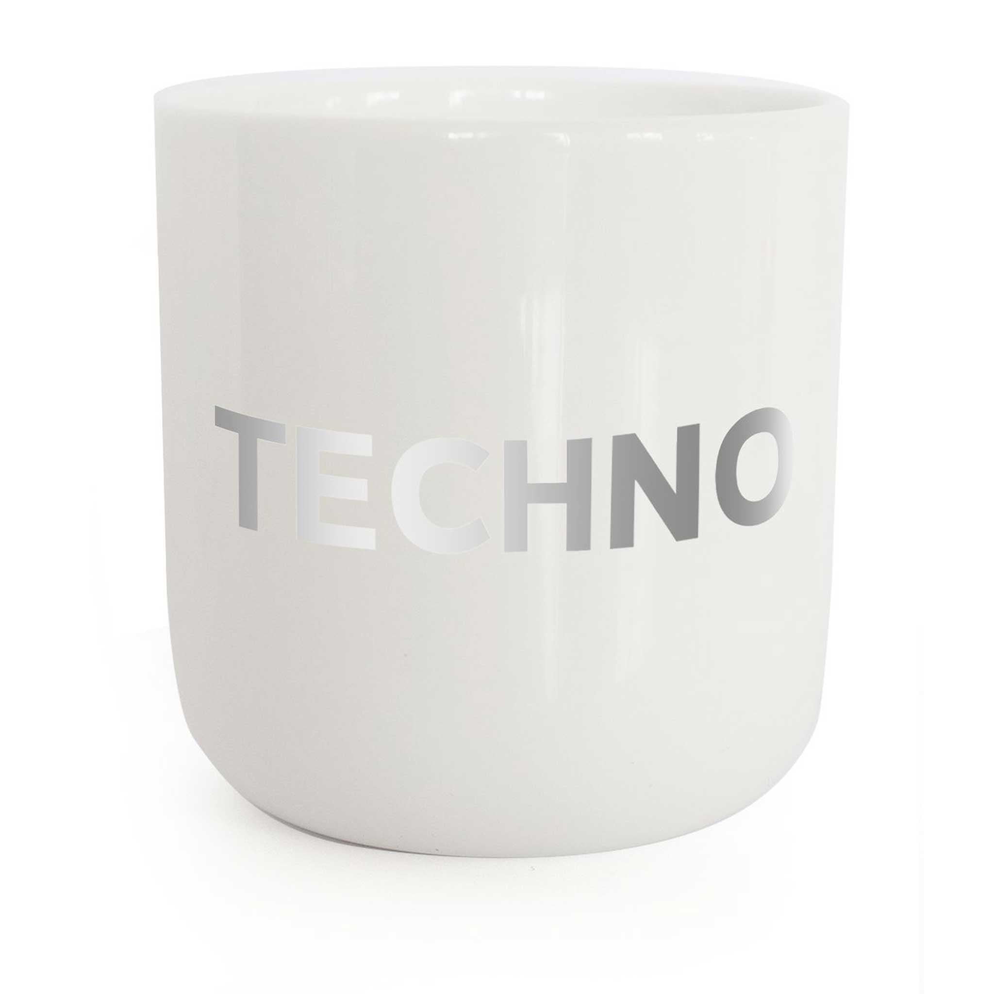 TECHNO | weisser Kaffee- & Tee-BECHER mit silberner Typo | Limited Edition Beat Serie | PLTY