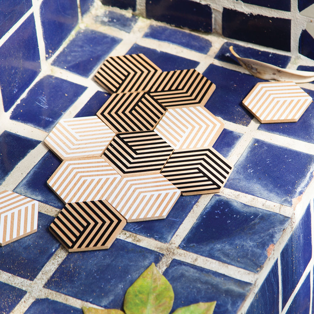 TABLE TILES Optic | Wooden COASTERS with 3D graphics | Set of 6 | Bower | Areaware